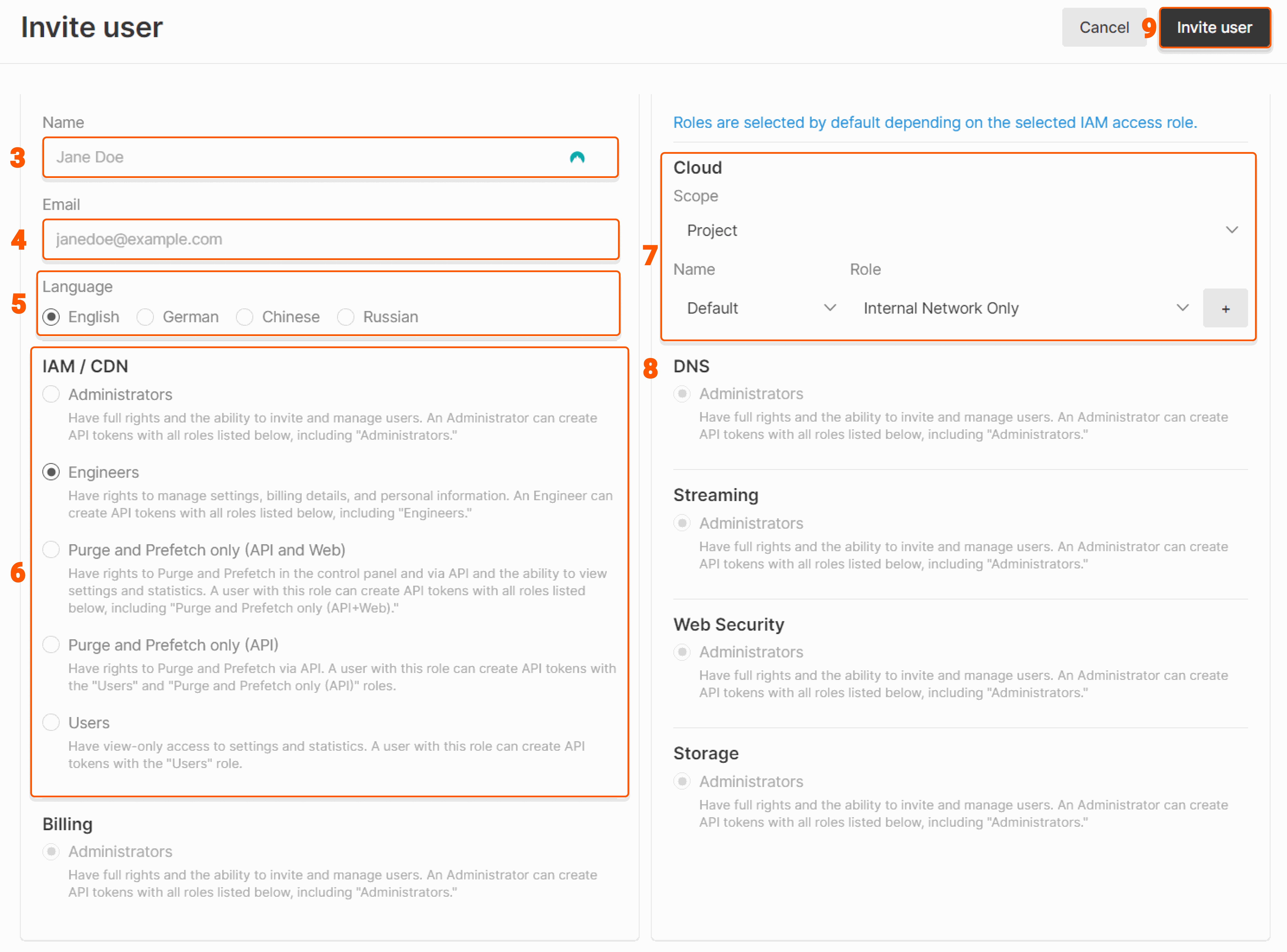 A page where you specify interface language, mail, roles