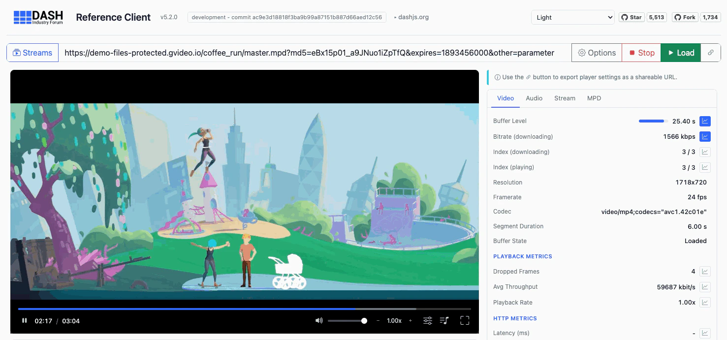 Protected MPEG-DASH stream opened in dash.js player