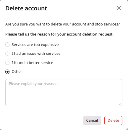 Account deletion survey dialog