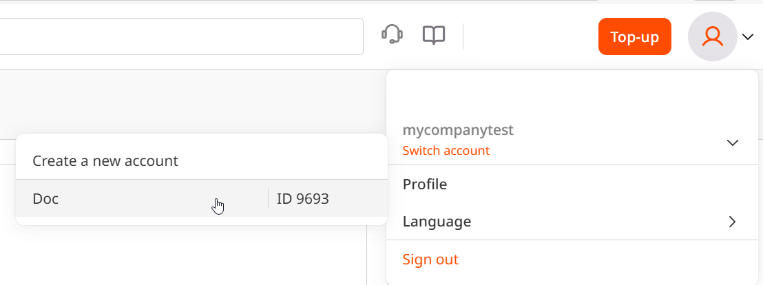 Switch account menu with account list