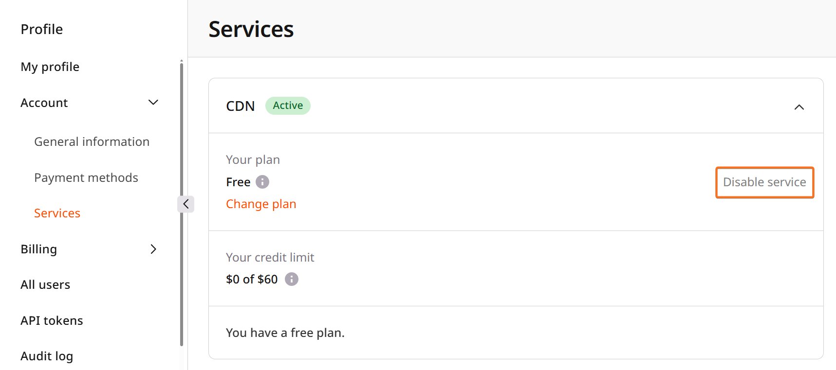 CDN service card expanded with the Disable service button highlighted