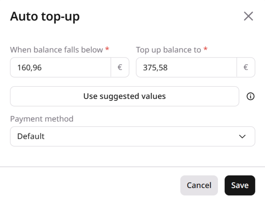 Auto top-up suggested values