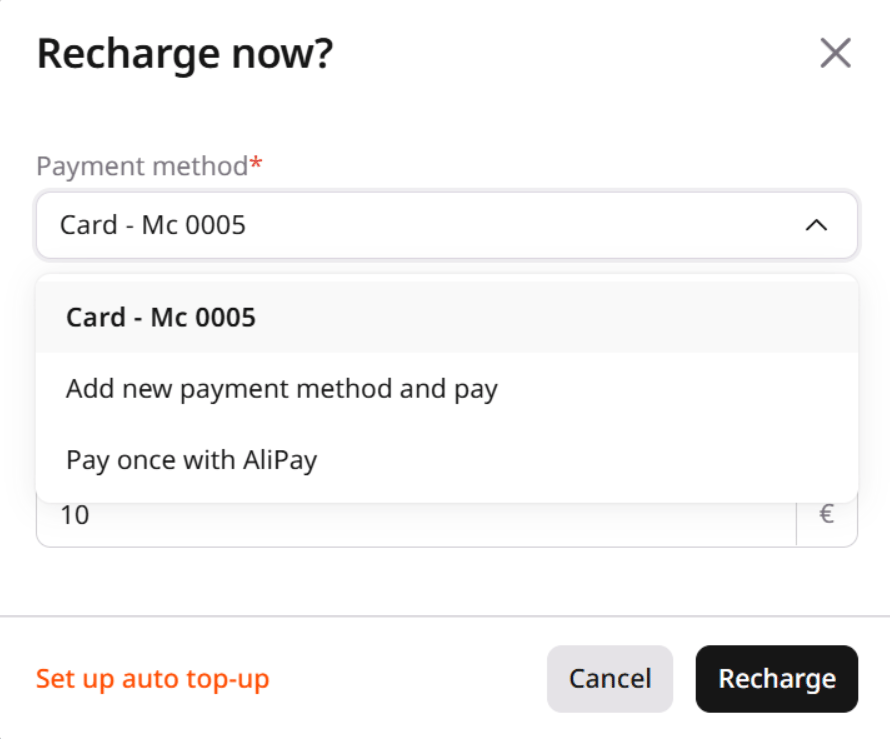 Recharge now window payment method