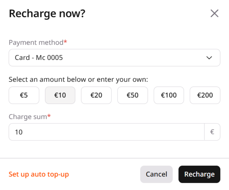 Recharge now window payment method