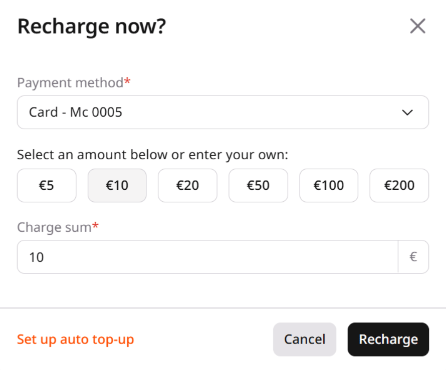 Recharge now window payment method
