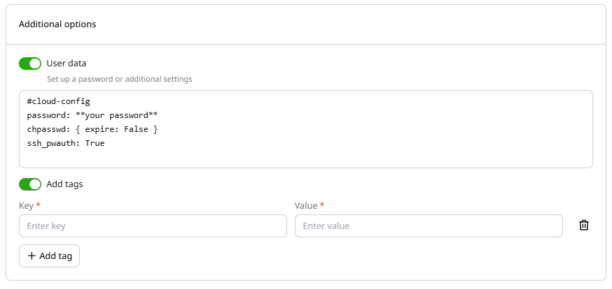 Additional options section with User data and Add tags toggles