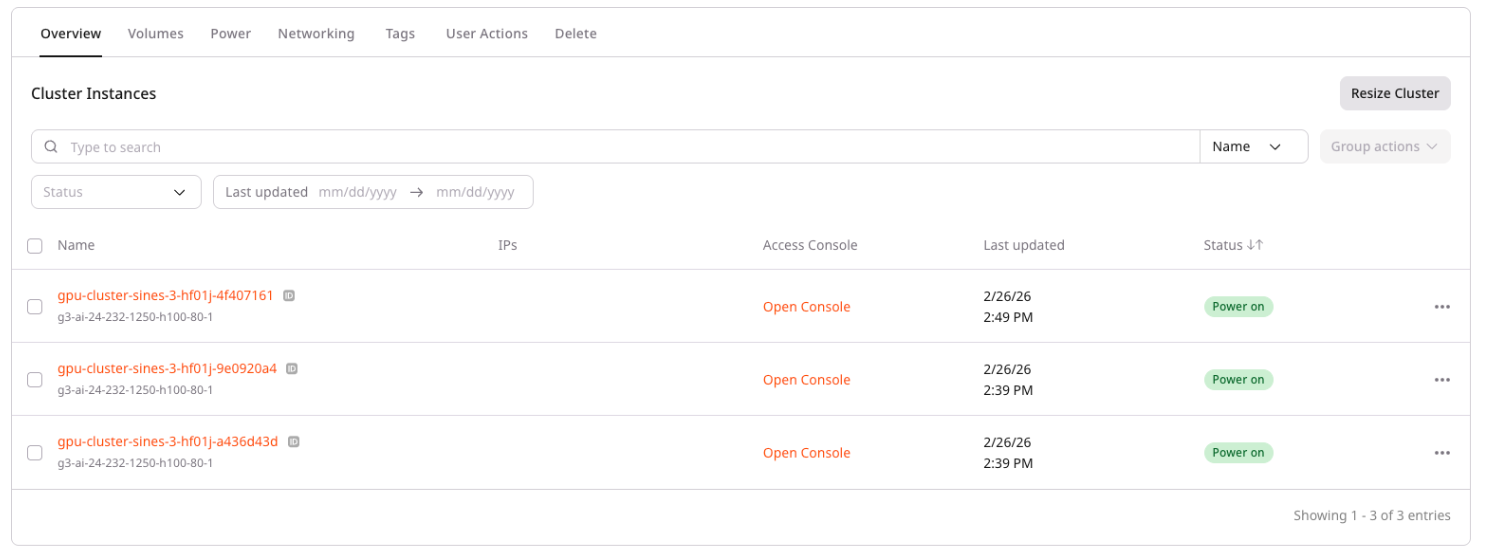 Cluster details page with Overview tab showing cluster instances