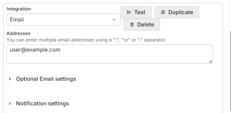 Email integration with an address entered