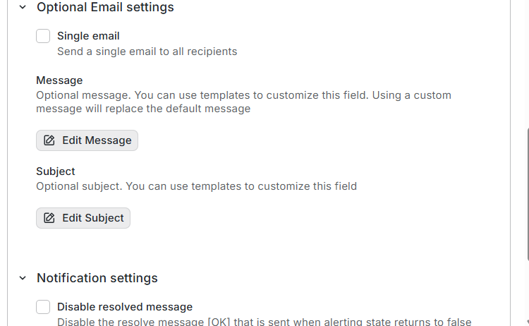 Optional email settings and the resolved-message checkbox