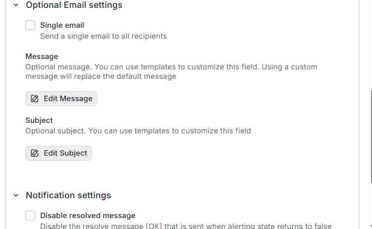 Optional email settings and the resolved-message checkbox