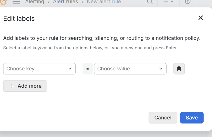 Edit labels dialog with key and value fields
