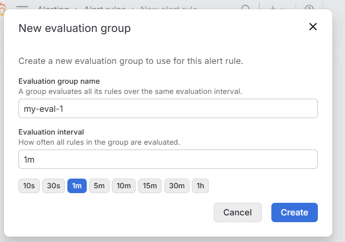 New evaluation group dialog with a one-minute interval