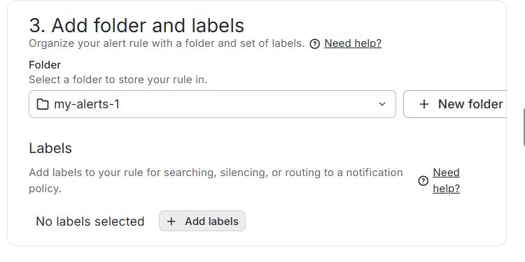 Folder my-alerts-1 selected and no labels added