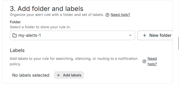 Folder my-alerts-1 selected and no labels added