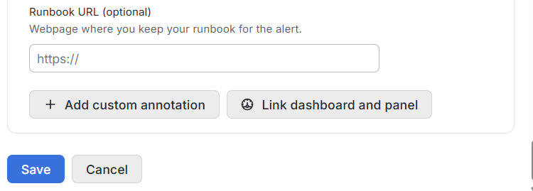Runbook URL, annotation button, dashboard link, and Save