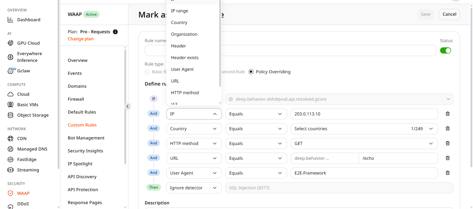 Condition type dropdown showing all available options: IP, IP range, Country, Organization, Header, Header exists, User Agent, URL, HTTP method, JA3, JA4