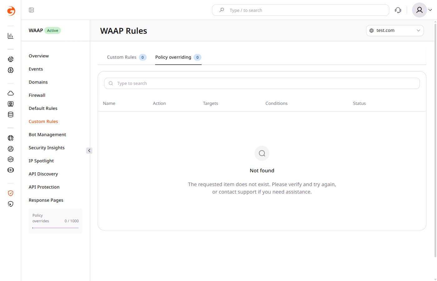 Policy overriding tab in WAAP Custom Rules showing the list table with Name, Action, Targets, Conditions, and Status columns