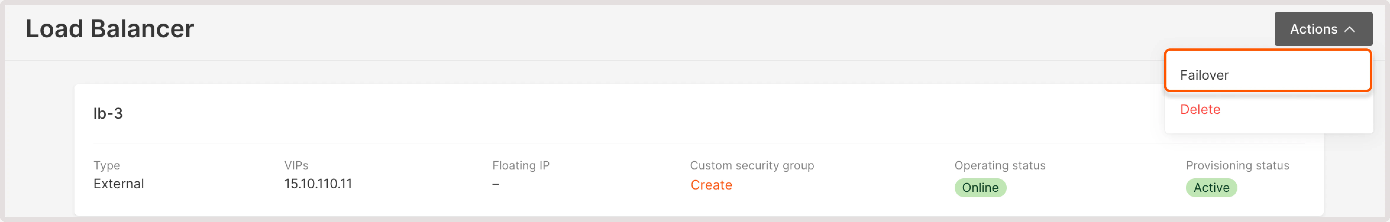 Load Balancers page with initiate failover settings