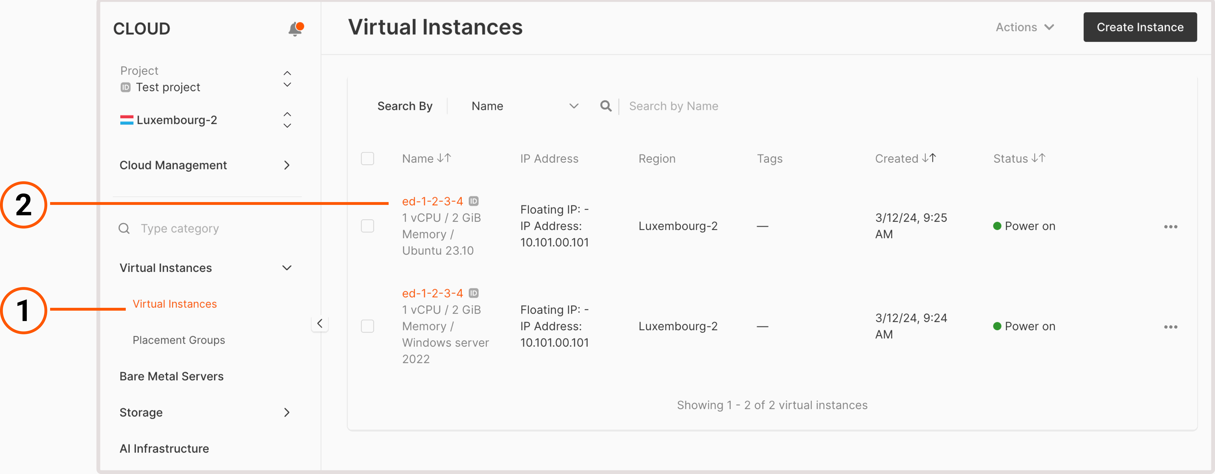 A Virtual Machines tab in the Gcore Customer Portal