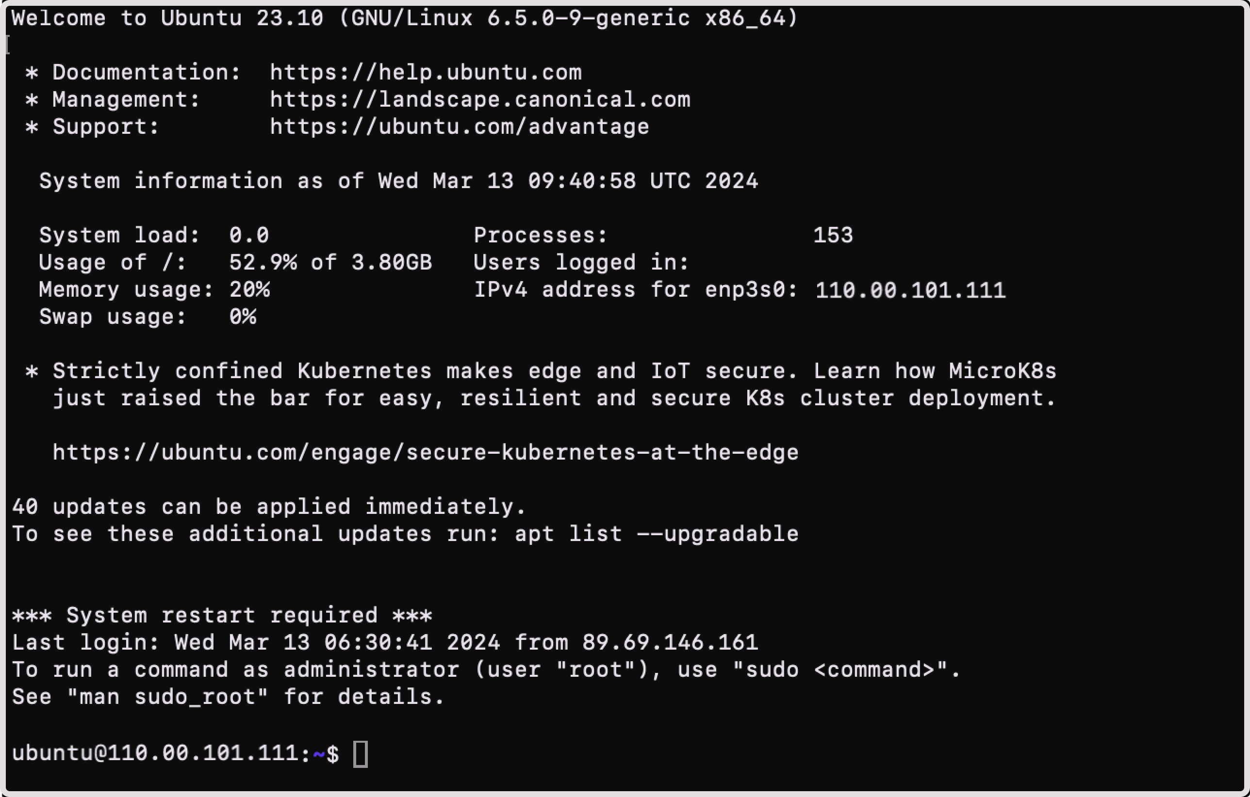 Ubuntu terminal displaying successful connection to an instance
