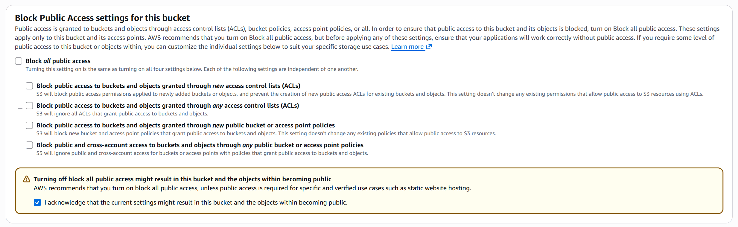 Block Public Access options cleared with the public-access acknowledgment selected