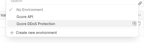 Environment menu listing Gcore API