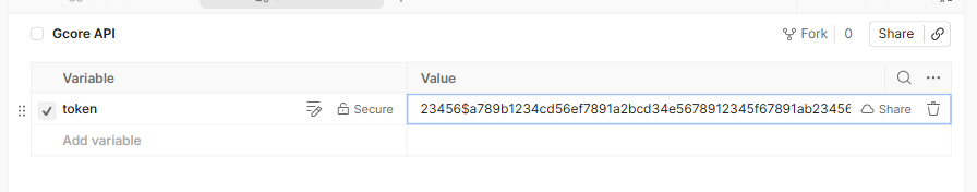 Gcore API environment with the token variable