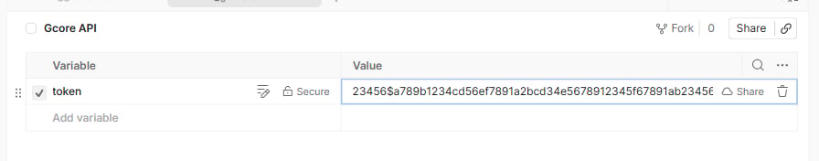 Gcore API environment with the token variable