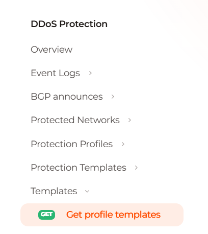 DDoS Protection sidebar with Get profile templates selected