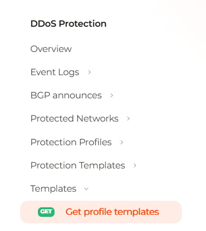 DDoS Protection sidebar with Get profile templates selected