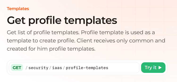GET method, the profile-templates path, and the Try it button