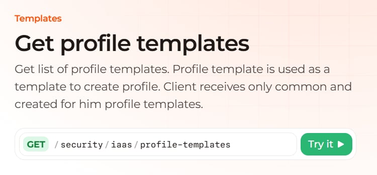 GET method, the profile-templates path, and the Try it button