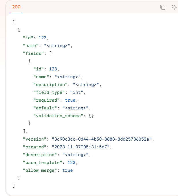 Profile template JSON with id, name, and angle-bracket placeholders