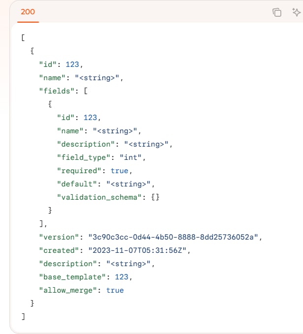 Profile template JSON with id, name, and angle-bracket placeholders