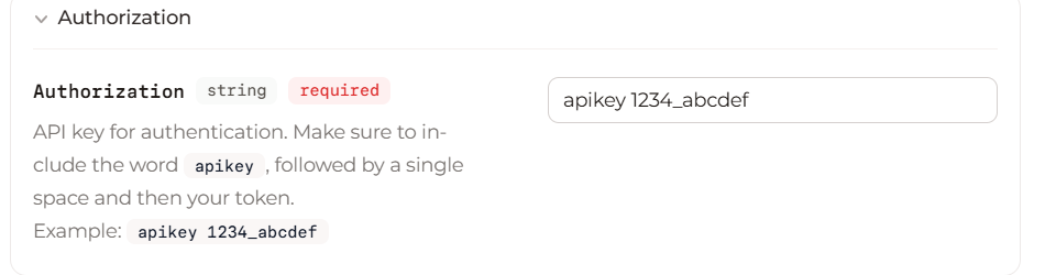 Authorization field filled with apikey 1234_abcdef