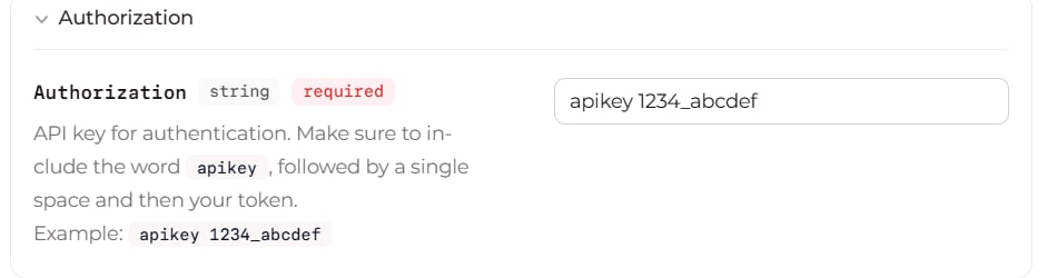 Authorization field filled with apikey 1234_abcdef