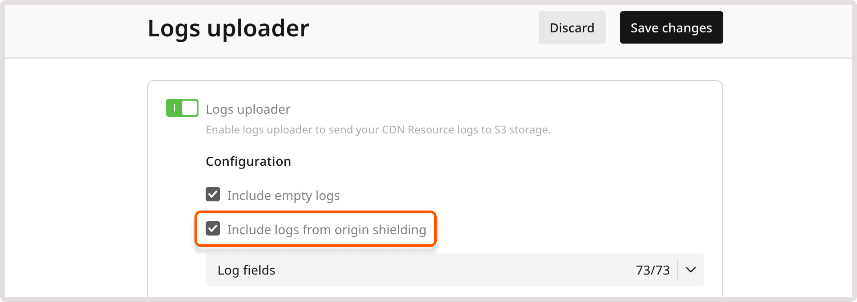 Include logs from origin shielding checkbox highlighted