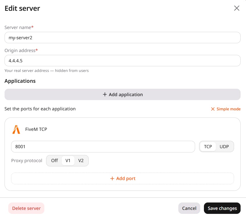 Edit server panel showing server name, origin address, application with port and proxy protocol configuration