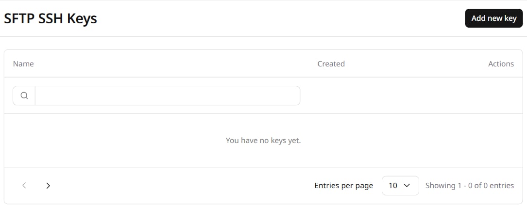 SFTP SSH Keys page with the Add new key button