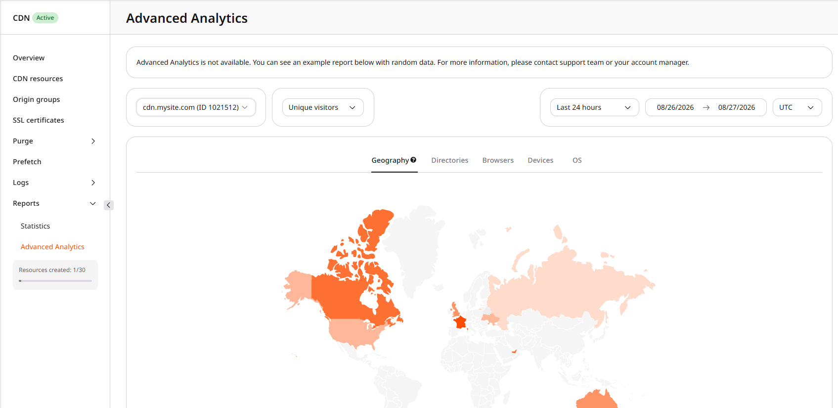 Advanced Analytics example report with unavailable banner
