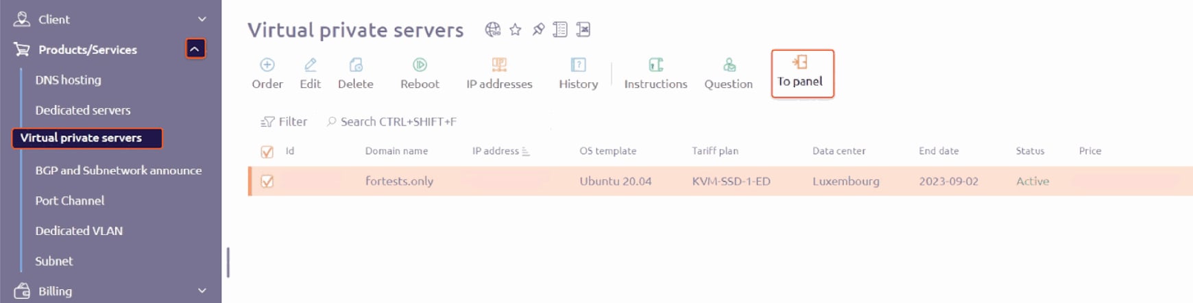 BILLmanager Virtual private servers list with a server row selected and To panel button highlighted in the toolbar