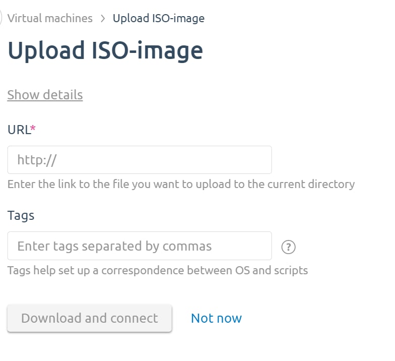 Mount ISO-image dialog with URL field and Tags field