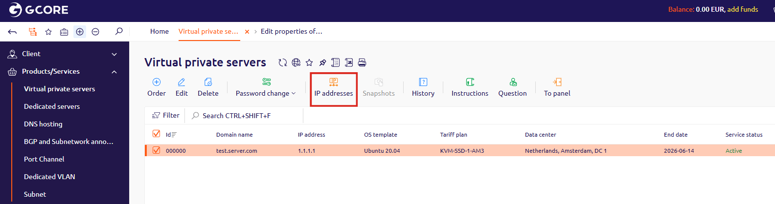Virtual private servers list with the IP addresses button highlighted in the toolbar
