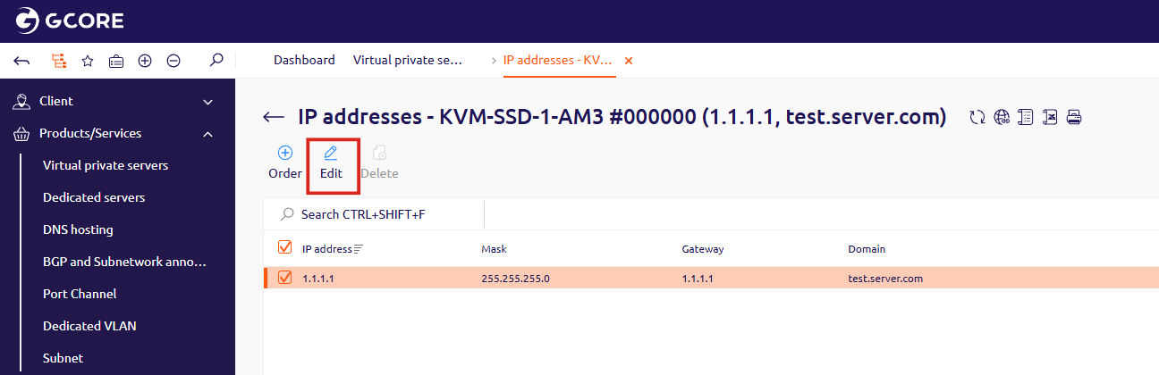 IP addresses list with the IP address selected and Edit button highlighted