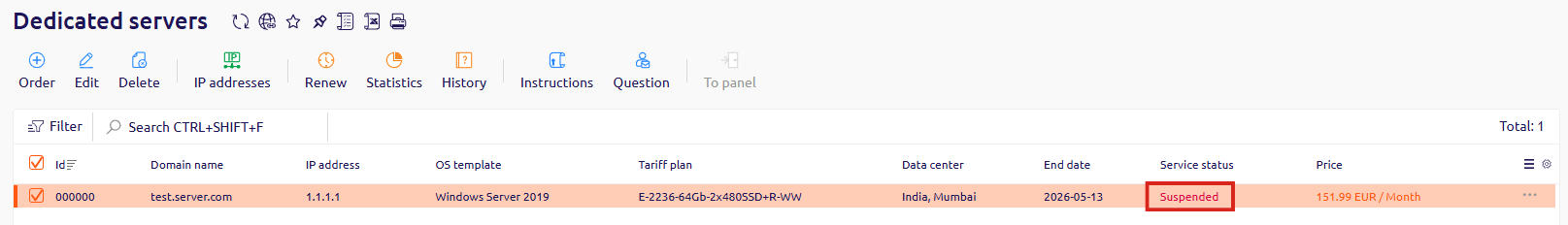 Server list showing a server with Suspended status