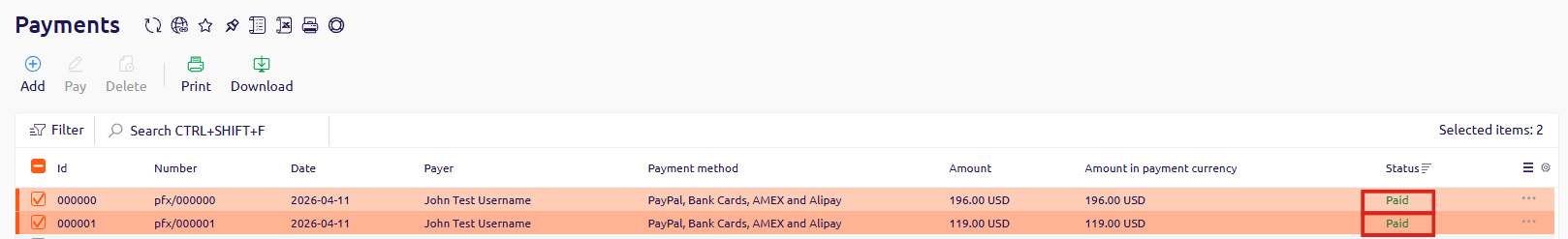 Payments section showing two payments with Paid status