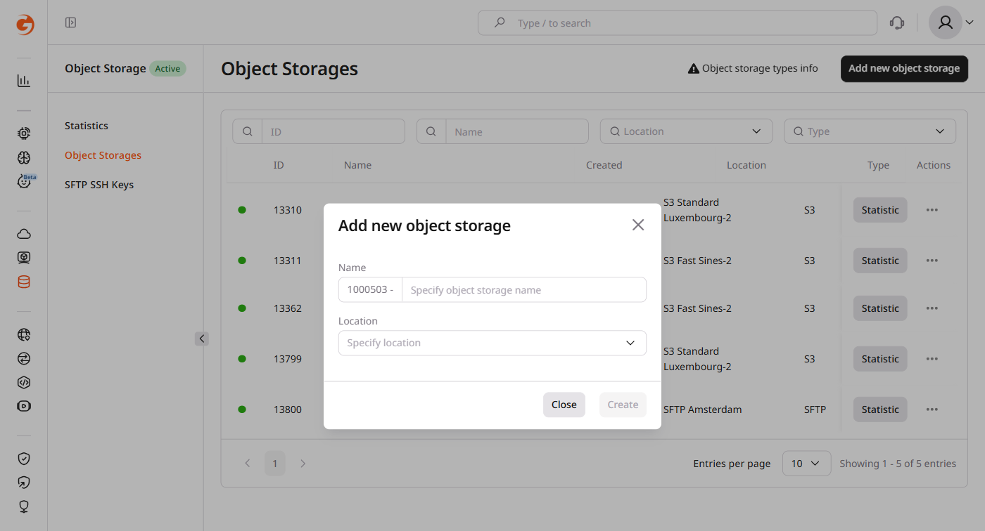 Add new object storage dialog with Name and Location fields