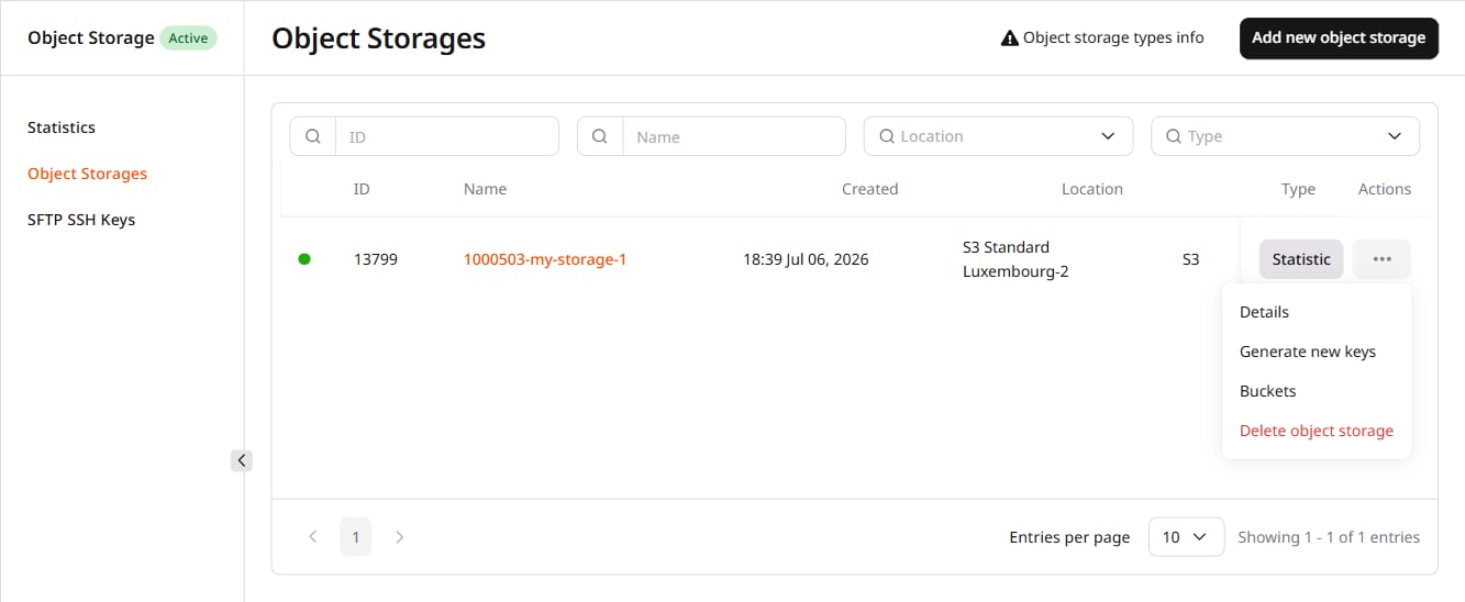 Storage list with the Details option open in the actions dropdown