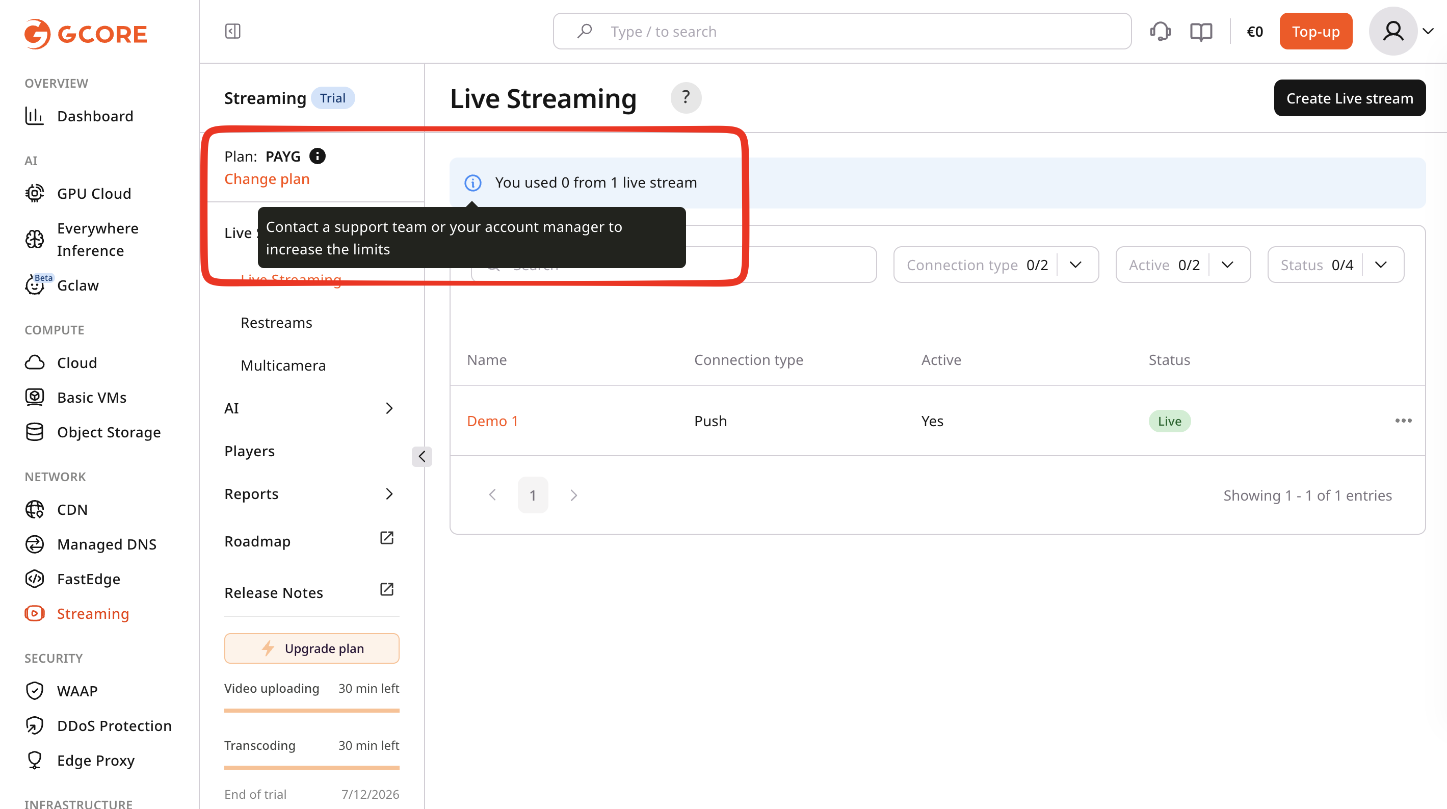 Example of live streaming limits on trial