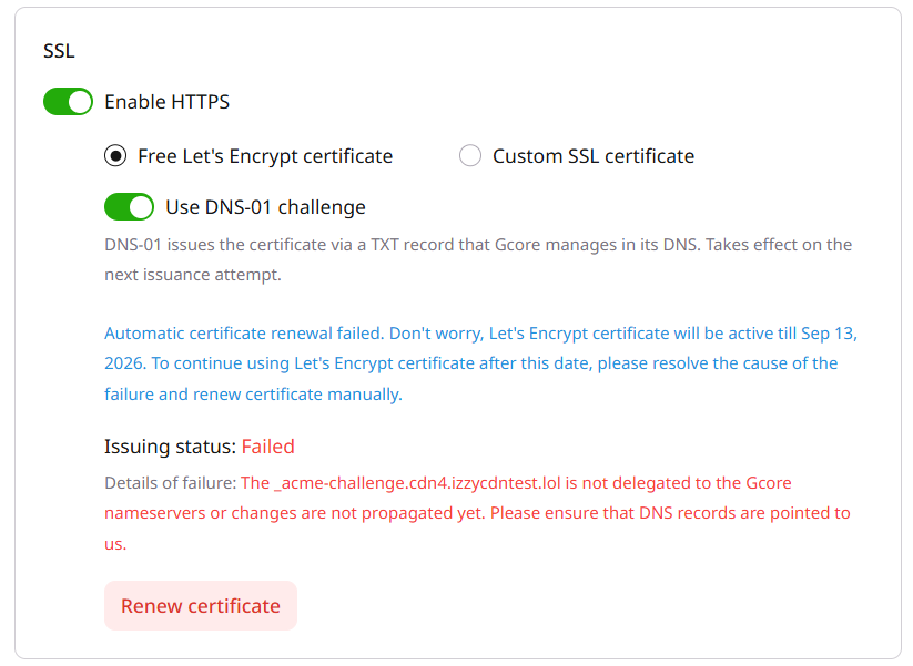 Failed status while renewing the certificate